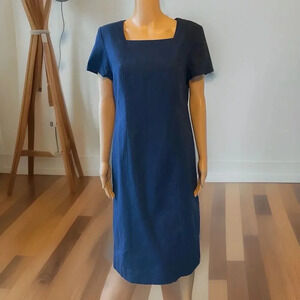 Chadwick's LinenBlend Midi Dress Sz 8p Vintage Chartreuse Career Slit Lined Navy